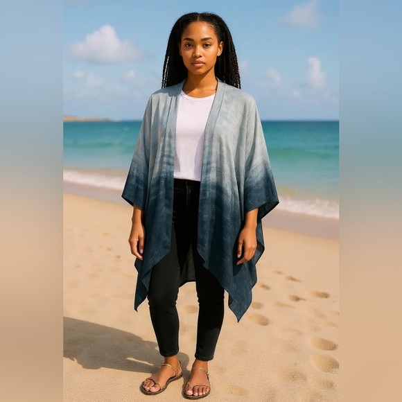 TINA+JO Anthro Gradient Blue Rayon Kimono Topper Relaxed Fit Casual Coverup Sm - Picture 13 of 13